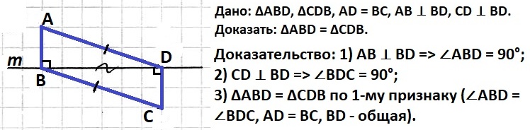К прямой m проведены перпендикуляры АВ и CD. Докажите, что Δ ABD = Δ CDB, если AD = ВС.