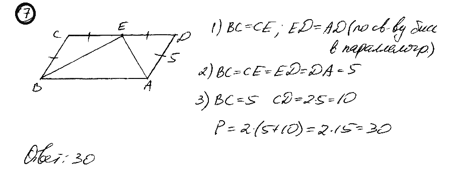 В параллелограмме ABCD проведены биссектрисы углов А и В, которые пересекаются в точке на стороне CD. Найдите периметр параллелограмма ABCD, если AD = 5.