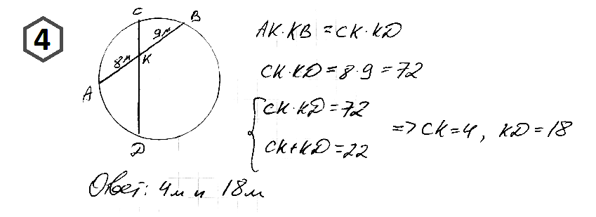 Две хорды пересекаются в точке, которая делит одну из них на отрезки 8 м и 9 м. На какие отрезки разделилась вторая хорда, если она равна 22 м?