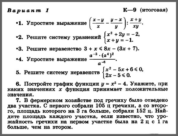 Алгебра 9 класс (УМК Макарычев) Итоговая контрольная. Вариант 1